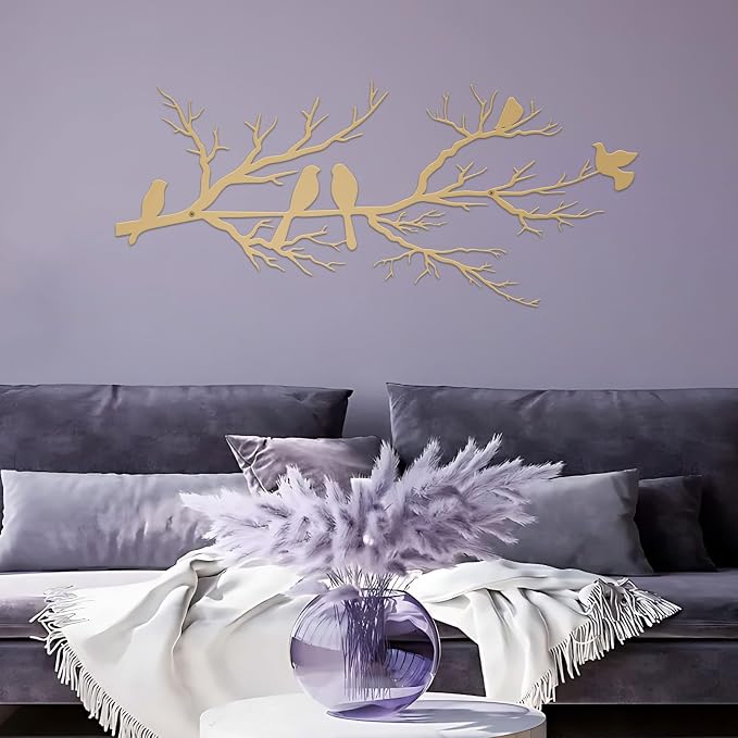 ESTART Metal Birds Wall Art, Metal Vivid Birds on Branch Silhouette Wall Decor Gold Leaves with Bird Outdoor Hanging Wall Sculpture for Home Living room Bedroom Balcony Garden (Gold, Small)