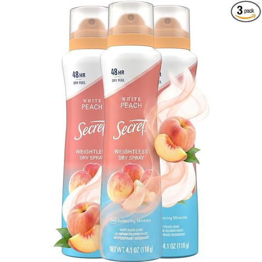 Secret Dry Spray Antiperspirant Deodorant for Women, 48hr Weightless Sweat & Odor Protection, Gentle on Skin, White Peach Scent, 4.1 oz (Pack of 3)