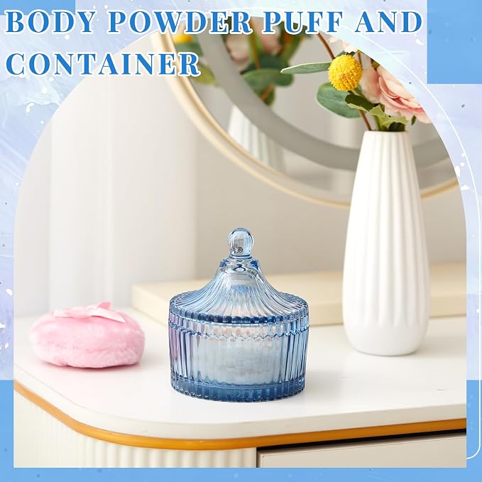 Tioncy 3 Pcs Large Body Powder Puff and Container Valentine's Day gift Powder Container with Puff Crystal Case Soft Washable Reusable Velour Face Body Glitter Wet Dry Makeup(Classic,Blue)