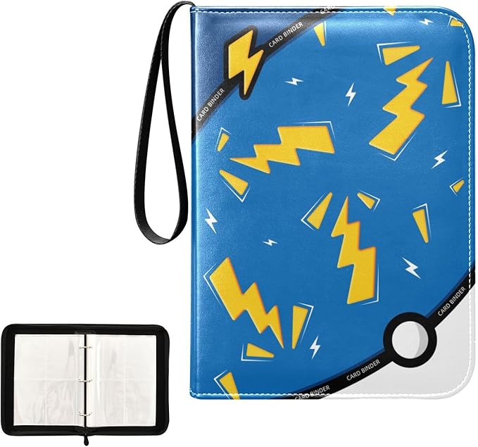 Blue Lightning Card Binder, 4 Pocket Trading Card Holder with 50 Removable Sleeves, Zipper Card Binder Fits 400 Cards, Collection Card Storage Case Album Book Gifts