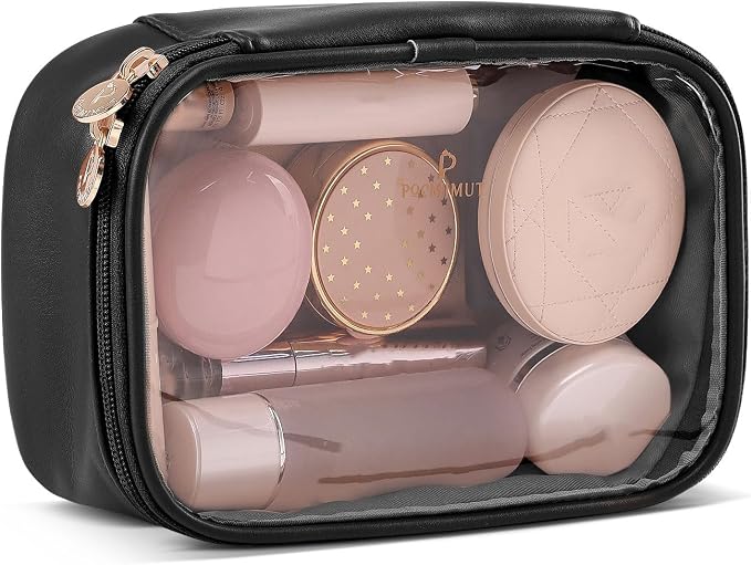 Pocmimut Small Makeup Bag,Clear Make Up Bag Organizer Carry-on Travel Essentials,TSA Approved Toiletry Bag Clear Cosmetic Bags for Women Men,Black