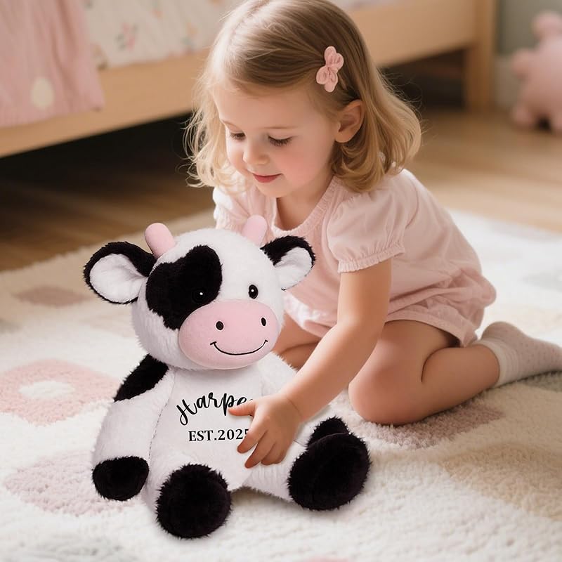 Personalized Cow Stuffed Animal, Milk Cow Plushie with Custom Name Date Message, 13.5" High 9.8"Width Black White Cows Soft Cuddle Gift for Baby Toddler Boy Girl Kids