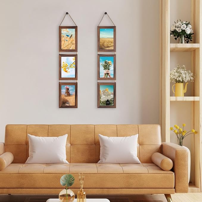 QUTREY 4x6 Picture Frames Collage, 6 Openings Wall Hanging Photo Frame Set of 2 Display 4 by 6 inch Vertical Pictures Frame, Rustic Walnut Brown