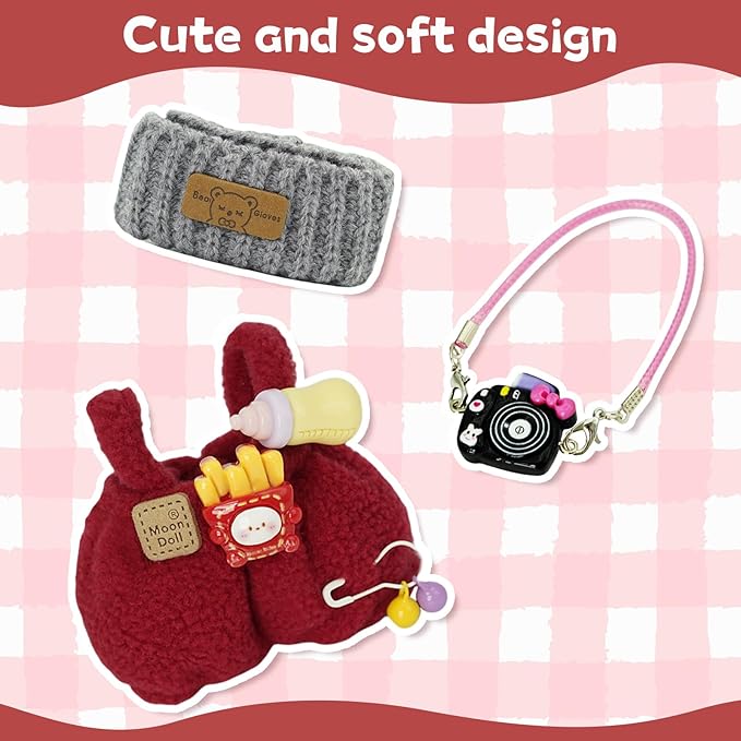 17cm Doll Clothes Set, 3-Piece Premium Velvet Outfit with Mix & Match Accessories, Easy-Dress Fashion for Collectible Display & Play (Doll Not Included, Red)