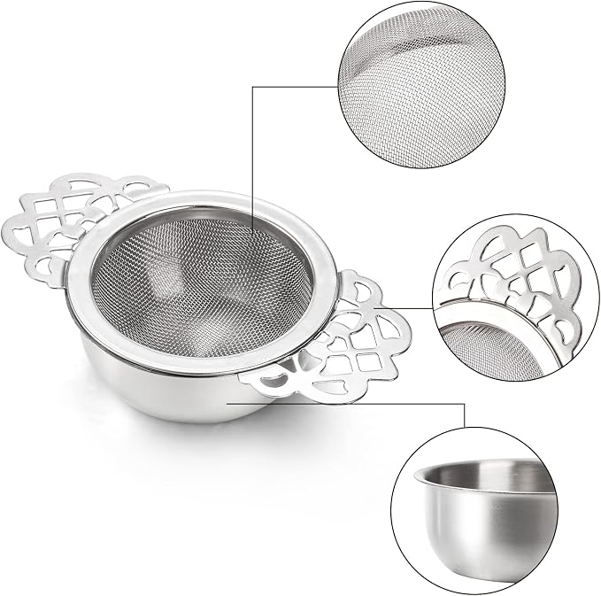 6 Pack Mesh Tea Filter Strainers, Stainless Metal Tea Infuser, Tea Steeper with Handle and Drip Bowl for Loose Tea, Sliver, 2.5 Inch