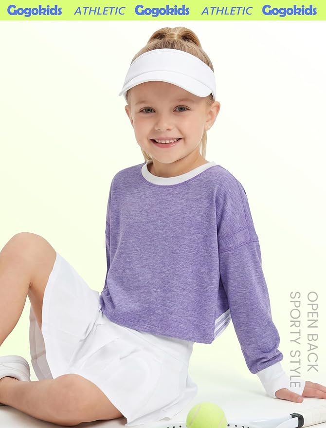 Gogokids Girls Shirts Long Sleeve Athletic Shirts Open Back Tops Active Sports Tshirts Yoga Workout Crop Tees 5-14 Years