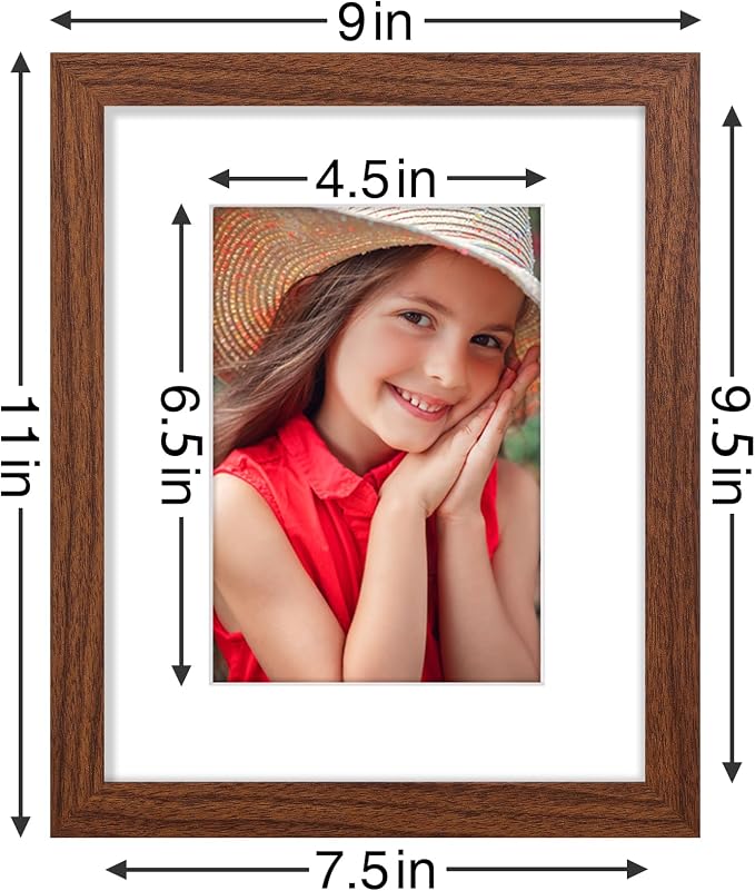 Vittanly 8x10 Picture Frames Set of 9, Wall & Tabletop, Wood Grain Brown | Display Pictures 5x7 with Mat or 8x10 without Mat, Small Photo Frames, Engineered Wood with Shatter Resistant Plexiglass