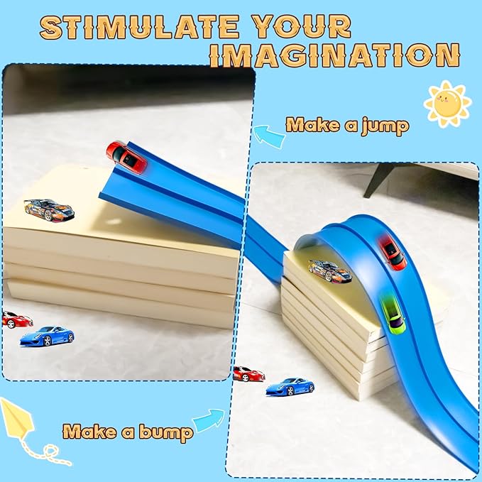 Flex Track 15 Ft Starter Set, Flexible Race Car Ramp Track for Ages 3 & Up with Suction Cups Compatible with Hot Wheels and Diecast 1/64th Cars (Blue)