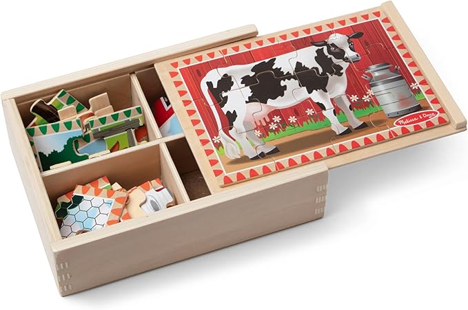 Melissa & Doug 4‑in‑1 Wooden Farm Jigsaw Puzzle Set, 48 Pieces with Storage Box, Toddler Puzzle Toy for Kids Ages 3+