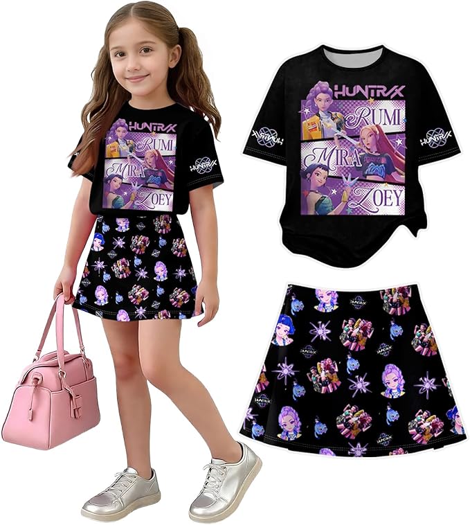 HTHLVMD K Pop Short Sleeve T-Shirt and Skirts Outfits Set for Girls Hunters Rumi Mira Zoey Graphic Tees De-Mon Costume