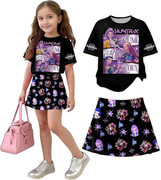 HTHLVMD K Pop Short Sleeve T-Shirt and Skirts Outfits Set for Girls Hunters Rumi Mira Zoey Graphic Tees De-Mon Costume