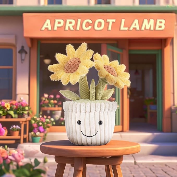 Apricot Lamb Potted Sunflower Stuffed Animals for Kids, Soft Cute Plush Toys for Baby Girl and Boy, Fluffy Potted Sunflower