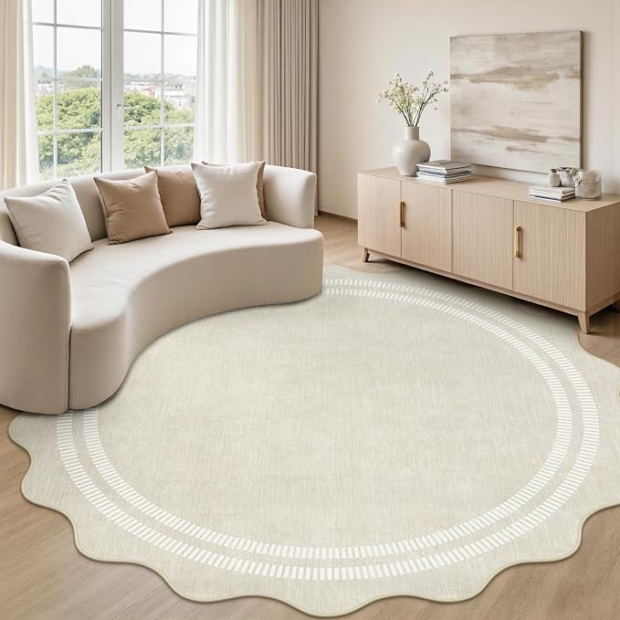 Round Area Rugs 6ft for Bedroom, Ivory Washable Circle Rug Soft Non Slip Floor Scalloped Carpet Indoor Thin Rug for Living Room Dining Room Playroom Nursery