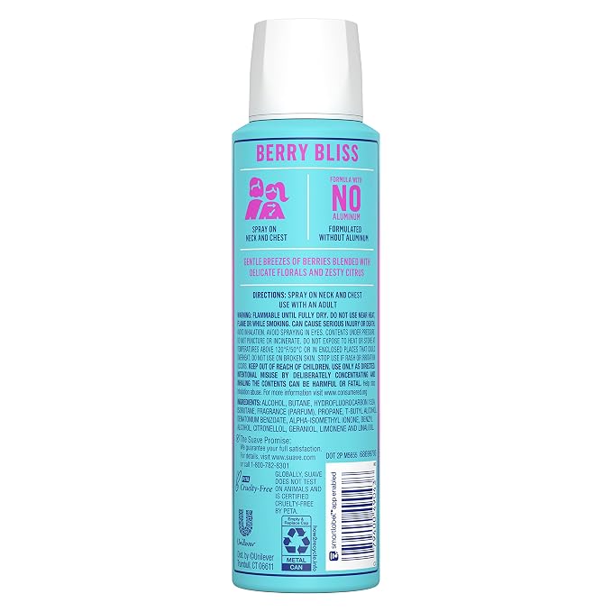 Suave Fresh Vibes Berry Bliss Body Spray, Aluminum Free 48 Hour Protection, Dermatologist Tested 4 oz