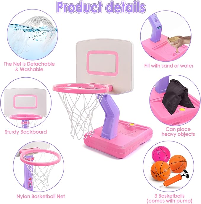 Toddler Basketball Hoop Indoor Outdoor - Height Adjustable 27.6-54 Inches (5 Slots), Kids Basketball Hoop with 4 Inflatable Balls & Pump, Safe Toddler Toys for 1-6 Year Old Boys Girls