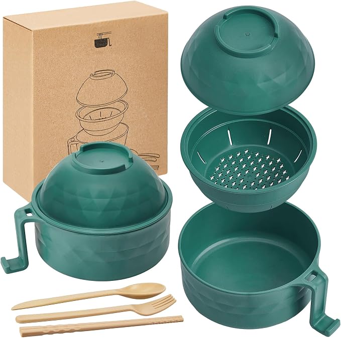 1 Set Microwave Ramen Cooker 40oz Wheat Straw Microwave Noodle Bowl Set with Chopsticks, Spoon, Fork, College Dorm Office Apartment Essentials (Dark Green)