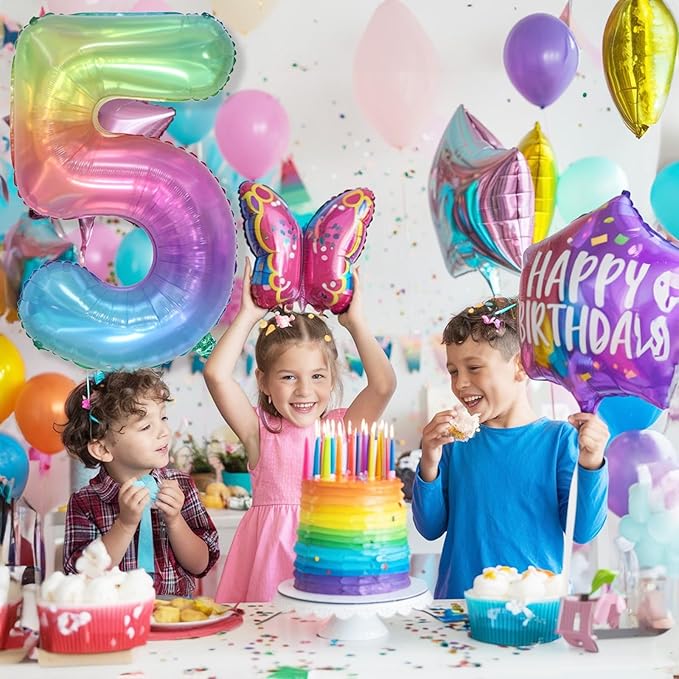 Big Number 5 Balloons, Rainbow Foil 5 Balloon Numbers 40 Inch, Giant 5th Birthday Party Decor, Mylar Helium Self Inflating Colorful Multicolor Jelly Balloon for Kids Birthday Anniversary Decorations