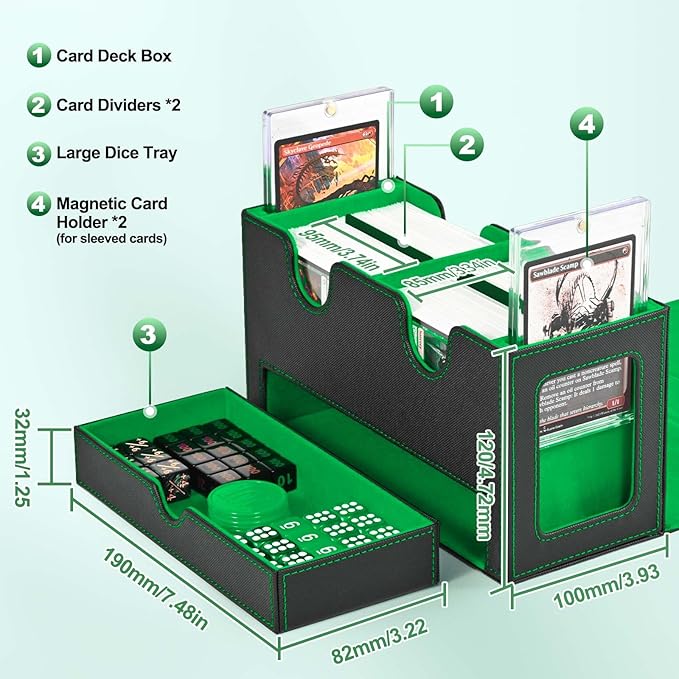 UAONO Card Deck Box for MTG, Double Card Storage Box with 2 Commander Display & 1 Dice Tray, Fits 200+ Double Sleeved Cards, Organizer for CCG TCG Sports Cards (Black Green)