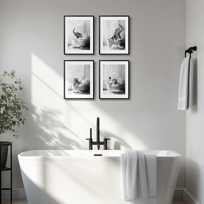 Framed Funny Bathroom Wall Art, 4 Piece Modern Black and White Canvas Prints Painting Artwork for Walls, Elephant Lion Tiger Giraffe Bathing Animals in Bathtub Pictures Kids Bathroom Wall Decor, 11x14