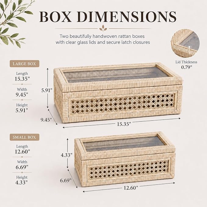 Rattan Decorative Boxes with Glass Lids | Set of 2 Handwoven Wood Display Storage Box for Keepsakes,Shelf Bedroom Coffee Table Home Decor, Boho Style