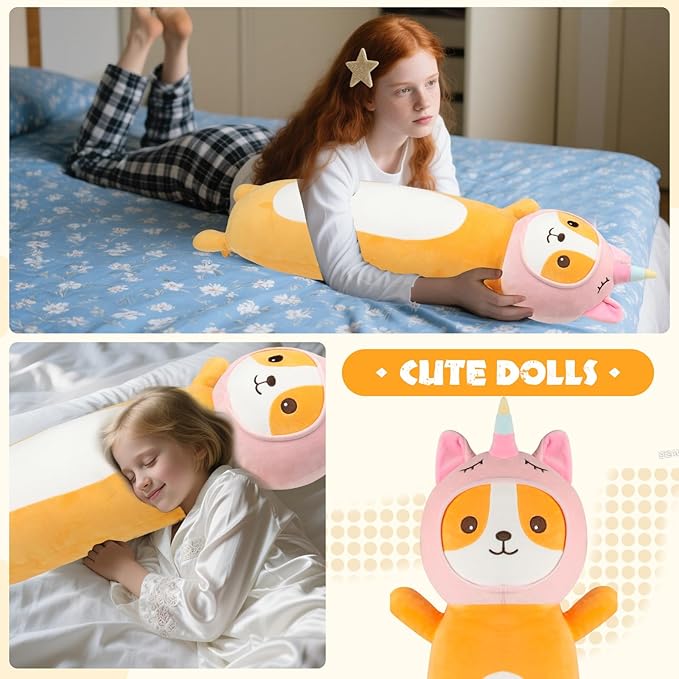 22 Inch Kawaii Unicorn Dog Long Plush Body Pillow Toy, Soft Corgi Shiba Inu Plushies with Stuffy Unicorn Outfit Big Stuffed Animals Gift for Kids Boys Girls, Birthday