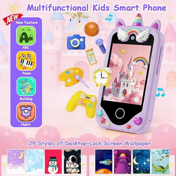 Kids Smart Phone for Girls, Children Christmas Birthday Gift for Age 3, 4, 5, 6, 7, 8 Year Old, Kids Phone Toy with Touchscreen, Dual Camera, Game, Learning Play Toy, Toddler Mp3 Player