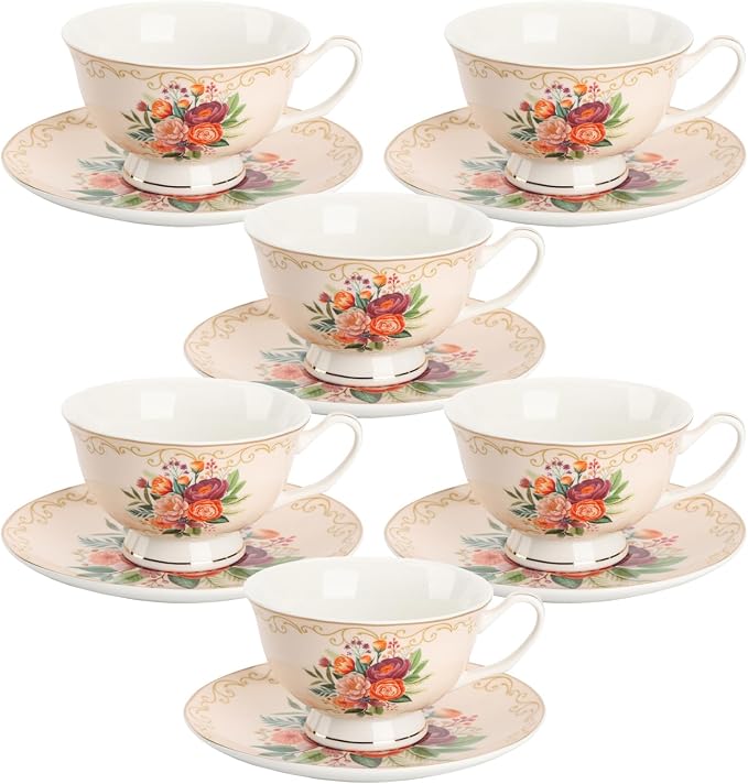 BTaT- Floral Tea Cups and Saucers, 8 oz, Fine Porcelain Teacup Set with Gold Trim for Afternoon Tea, Weddings, Parties & Gifting, Dishwasher Safe, Lightweight, Non-Toxic, Set of 6