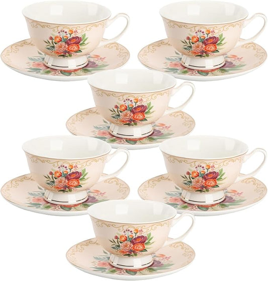 BTaT- Floral Tea Cups and Saucers, 8 oz, Fine Porcelain Teacup Set with Gold Trim for Afternoon Tea, Weddings, Parties & Gifting, Dishwasher Safe, Lightweight, Non-Toxic, Set of 6