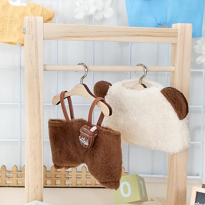 Doll Clothes for 17cm Dolls, Cute Outfit Set with Accessories, Bucket Hat and Overalls (No Doll) (Bear Overalls Set)