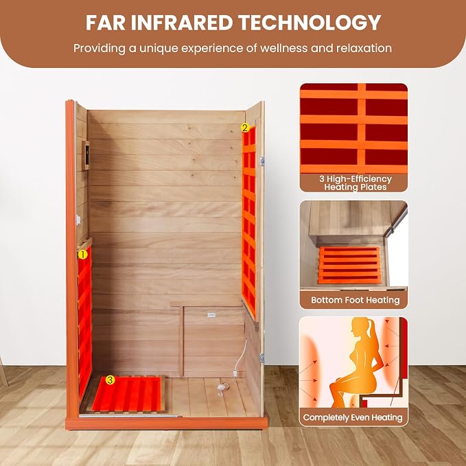 Far Infrared Sauna Home Sauna Room 1200W/110V Low-EMF Wood Indoor Dry Sauna | 1 Person Compact Sauna with Control Panel Speaker & Tempered Glass Door- Fast Heating Easy Assembly 35.2 * 28.8 * 61.5 in