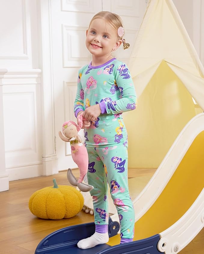 Bamboo Viscose Toddler Girls Kids Pajamas Unicorn Mermaid Pjs Long Sleeve Snug fit 12M-8Y 2pcs Soft Jammies