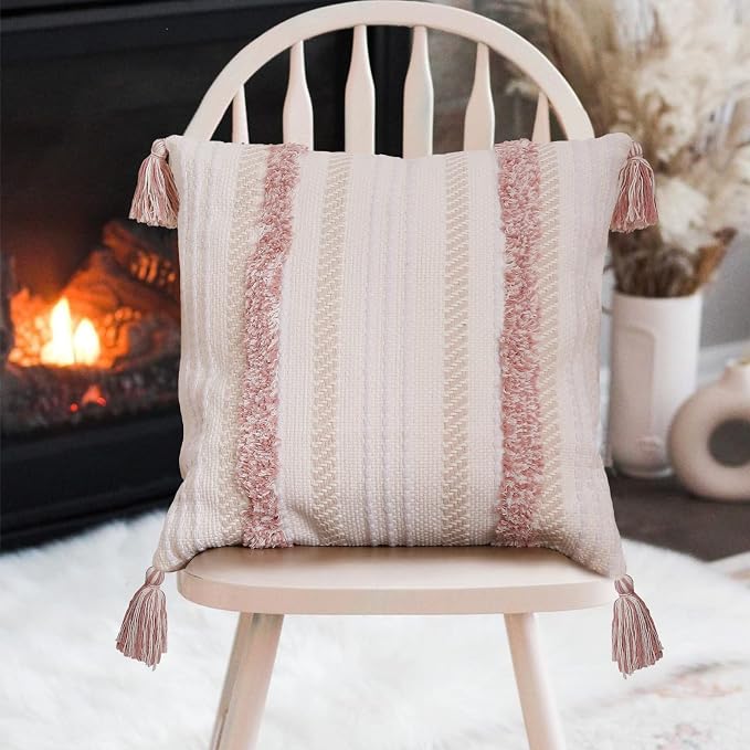 Boho Pink Pillow Covers 20x20 Inch Tufted Tassel Square Throw | Pink tufted square cushion case with tassels, boho decor for living room