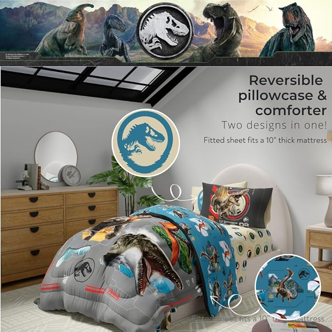 Jurassic World Rebirth Kids Bedding Super Soft Cozy Microfiber Comforter and Sheet Set, 4 Piece Twin Size, (Officially Licensed Product) by Franco