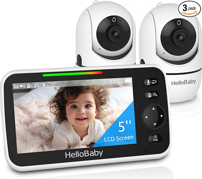 HelloBaby Upgrade 5’’ Baby Monitor with 30-Hour Battery, 2 Cameras Pan-Tilt-Zoom, 1000ft Range Video Audio Baby Monitor No WiFi, VOX, Night Vision, 2-Way Talk, 8 Lullabies and Temperature