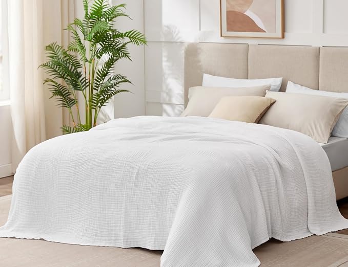 100% Cotton Muslin Blanket King 108" x 90", 6 Layers Breathable and Lightweight Cotton Throw Blanket for Bed, Soft Quilt Bedspread Coverlet, Gauze Blanket for Adults All Season, White