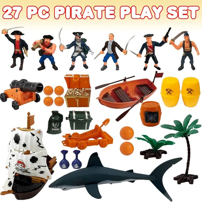 ArtCreativity Pirate Action Figure Playset, Pirate Play Set with Action Figurines, Storage Box, Pirate Ship Toy, Shark, Treasure Chests, & More, Pirate Party Decorations, Cake Toppers, & Gifts