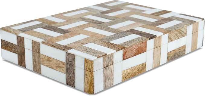 Handicrafts Home White Decorative Storage Box with Lid Wooden Desk Organizer Box Office Storage Box for Workspace Desk Decor Organizer – Resin Inlay Marquet Chase Collection - 6x8x1.5