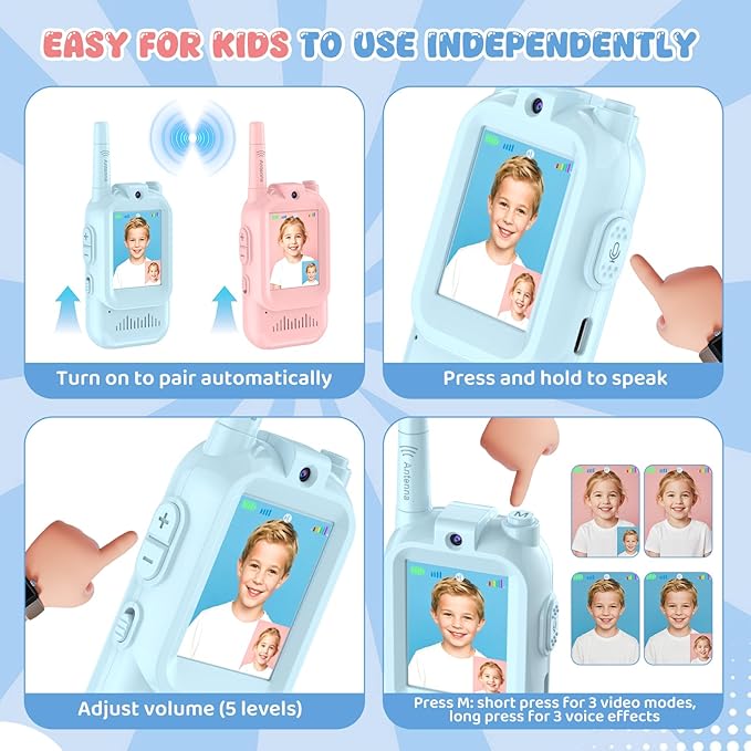 Video Walkie Talkie for Kids - 2 Pack Rechargeable Kids Walkie Talkies Long Range Radios, Video Intercom & Voice Effects, Christmas Birthday Gifts, Toys for Age 3-12 Boys Girls, Indoor Outdoor Travel