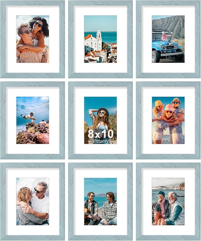 Vittanly 8x10 Picture Frames Set of 9, Wall & Tabletop, Rustic Blue | Display Pictures 5x7 with Mat or 8x10 without Mat, Small Photo Frames, Engineered Wood with Shatter Resistant Plexiglass