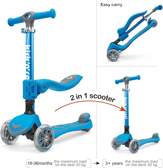 Kicknroll 3-Wheel Scooter for Kids Ages 3-12 with Light-Up Wheels, Folding Design, Adjustable Height, Extra Wide Deck (110 lbs Max)