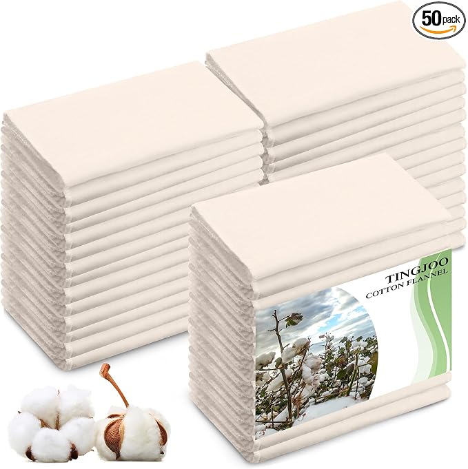 Tingjoo 50 Pcs Organic Cotton Flannel for Castor Oil Pack Wrap Unbleached Reusable Castor Oil Wrap Soothing Heat Compress Soft and Highly Absorbent for Abdomen Liver Joints and Other Areas (White)