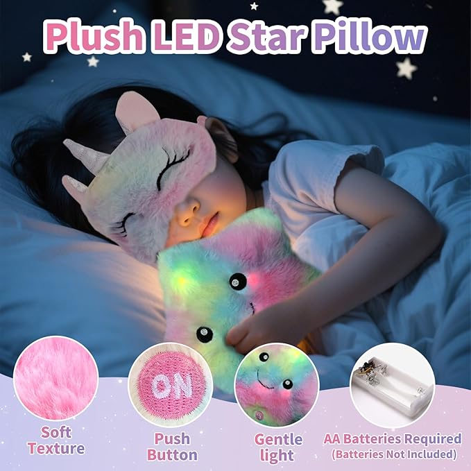 Unicorn Gifts for Girls Age 3 4 5 6 7 8 Years Old, Unicorn Toys for Girls with Glow in The Dark Blanket Light Up Star Pillow Eye Mask Crossbody Bag, Birthday Gifts for Daughter Niece
