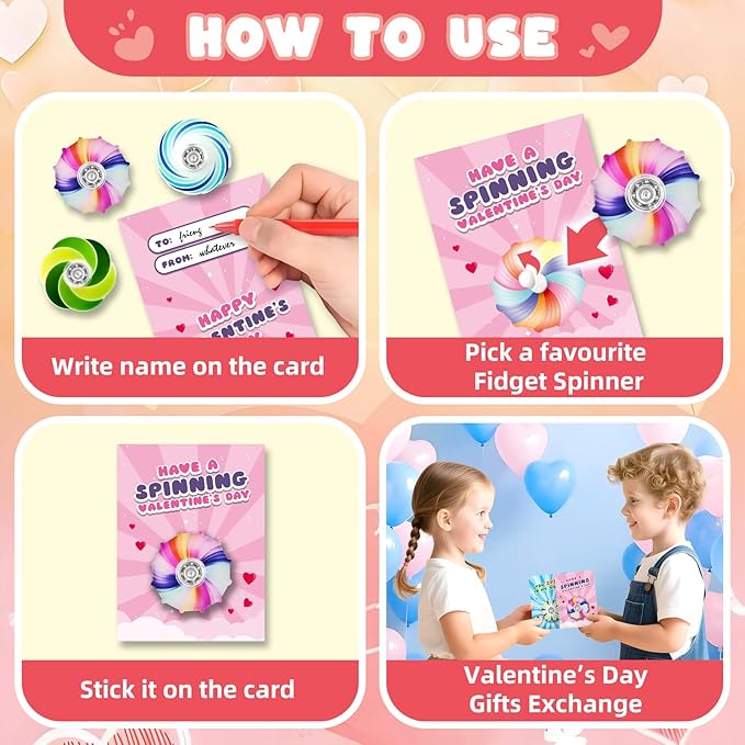 SpringFlower Valentines Day Cards For Kids Classroom With Fidget Sensory Spinner Toys For Valentines Party Favors Supply, Classroom Gift Exchange For Kids Classmates Gift Cards Prizes, 24 Pack