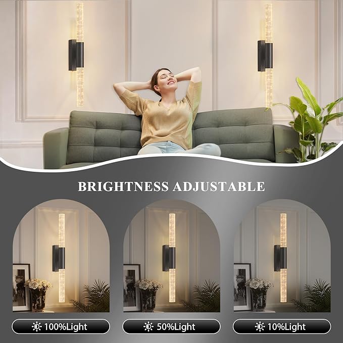 camuucci Battery Operated Wall Sconces Set of 2, Rechargeable Wall Lights | 12000mAh Long-Lasting Battery,Dimmable Cordless Sconce,No Wiring Needed for Bedroom,Living Room,Black 25.6 Inches