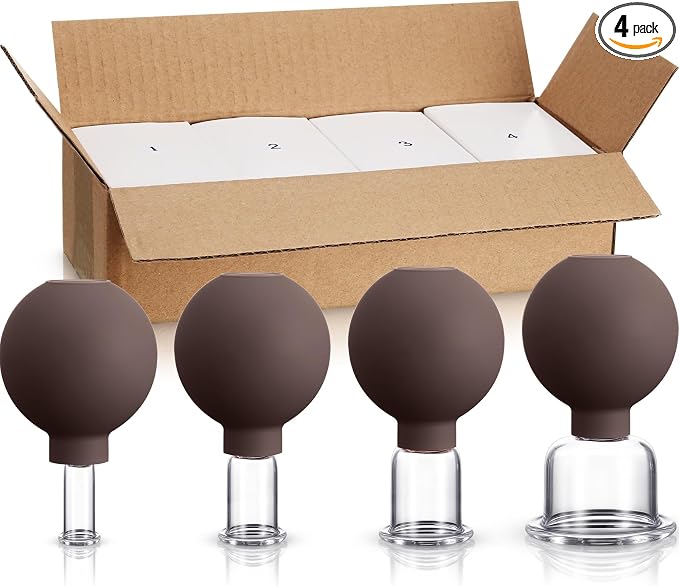 BBTO 4 Pcs Glass Facial Cupping Set Silicone Vacuum Suction Massage Cups Skin Tightening Therapy for Face Body Eyes Back Shoulder Pain(Brown)