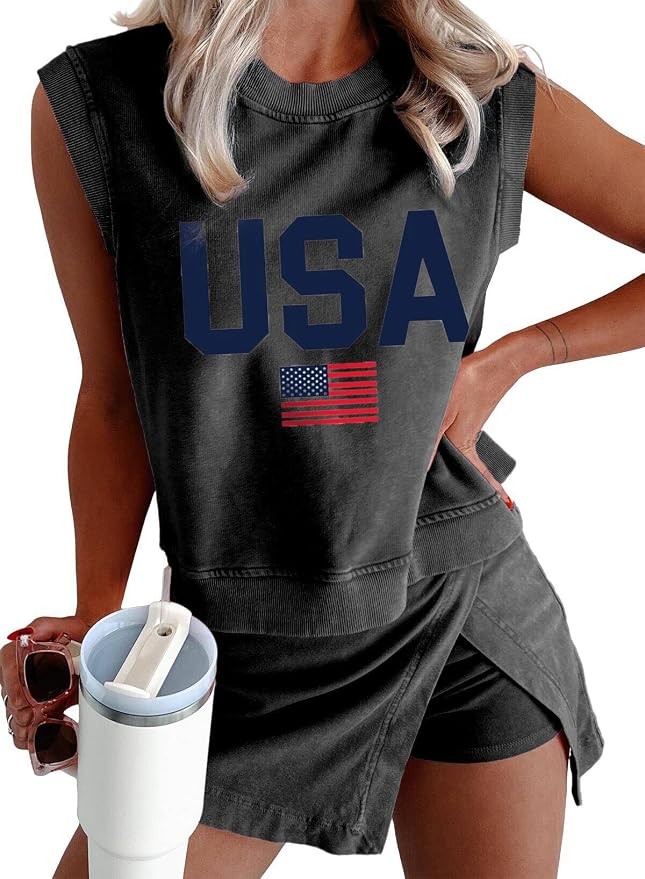 Women 2pc Mineral Wash Athletic Lounge Tank Skirt Set | Soft mineral wash cotton,Breathable.Relaxed lined split skirt.Ideal for travel,lounge,gym,workout casual daily wear