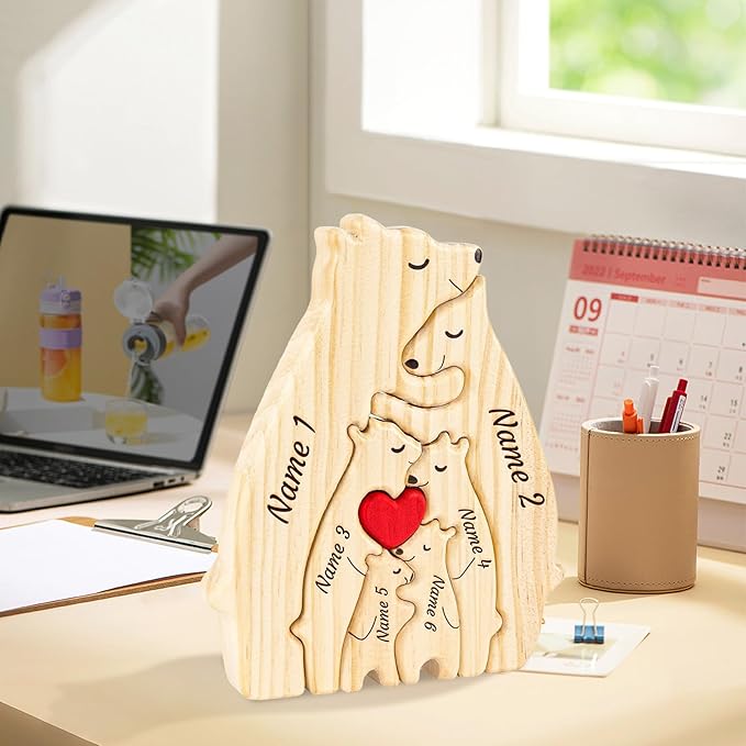 Personalized Wooden Name Puzzle Hugging Bears Family Puzzle with Names Fathers Day Home Decor Custom Mom/Dad/Family Members, Bear DecorBirthday Present (Mother and Child Bear)