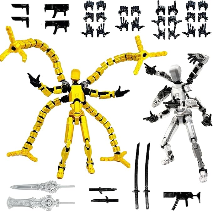 T13 3D Action Figure Set (Assembly Completed) 2 Pcs, 3D Printed Multi-Jointed, Titan 13 Action Figures, Multi-Articular Lucky Mobile Robot Nova,Desktop Decorations for Game Lovers Toys (Gold Sliver)