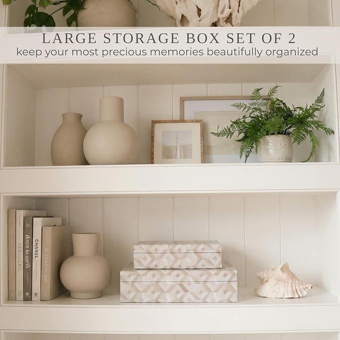Decorative Storage Boxes with Lids - Set of 2 Organizer Bins for Bookshelf | Beautiful Home Decor - Safely Store Photos, Documents and Memory Box Keepsakes on Your Shelves in Style