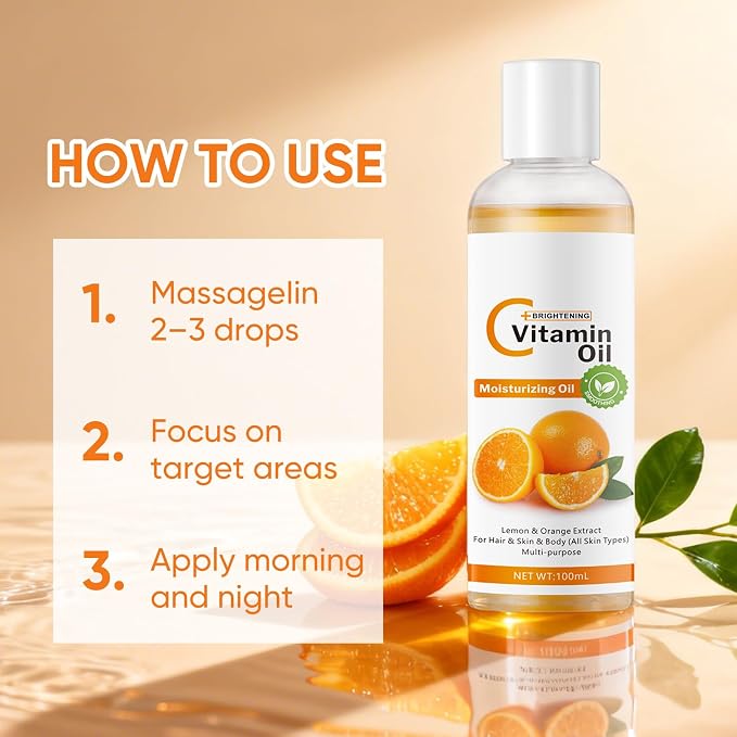Vitamin C Oil with Squalane, Jojoba & Olive Oils - Hydrating Vitamin C Oil for Face & Body, Multi-Purpose Moisturizer with Natural Antioxidants, For Dry, Sensitive & All Skin Types, 3.38 Fl Oz